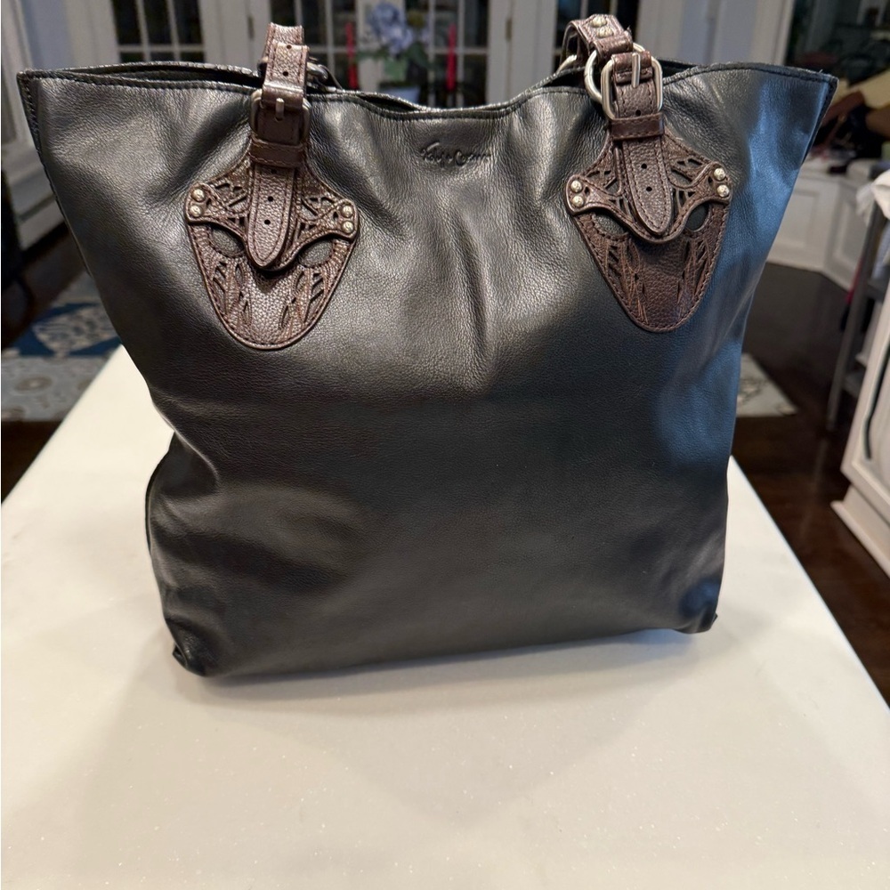 Foley + Corinna Black Leather Large Tote Bag Silver Hardware Brown Accents EUC - Picture 5 of 14
